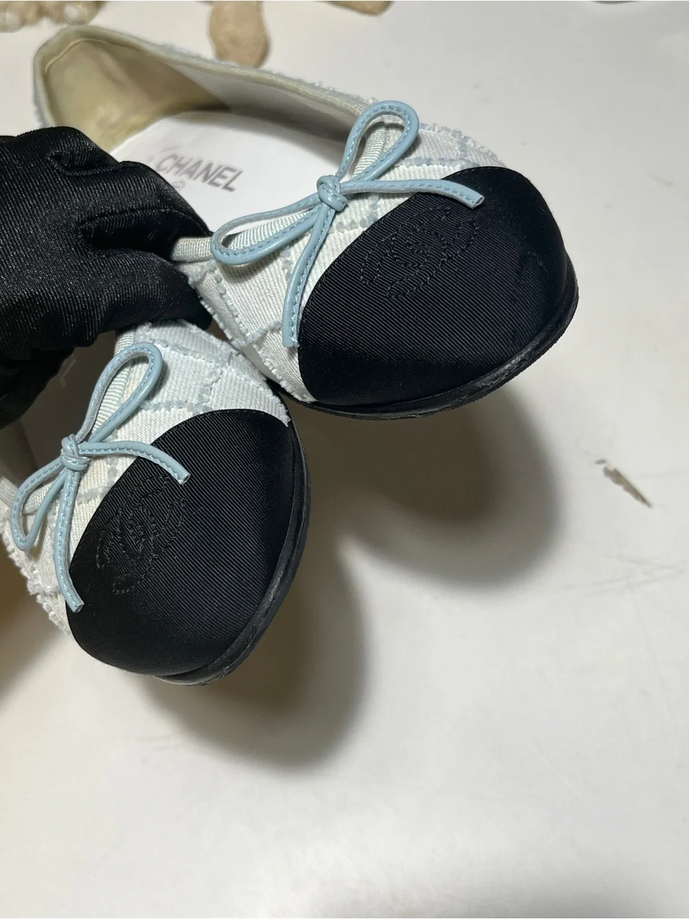 Chanel Women's Two-Tone Light Blue and Black Quilted Ballerina Flats denim